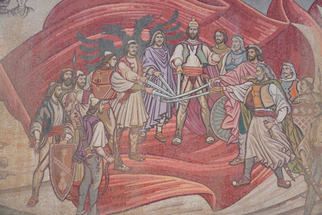 Detalje af mosaik på Skopje Skanderbeg pladsen. Fra Skopje, Nordmakedonien.