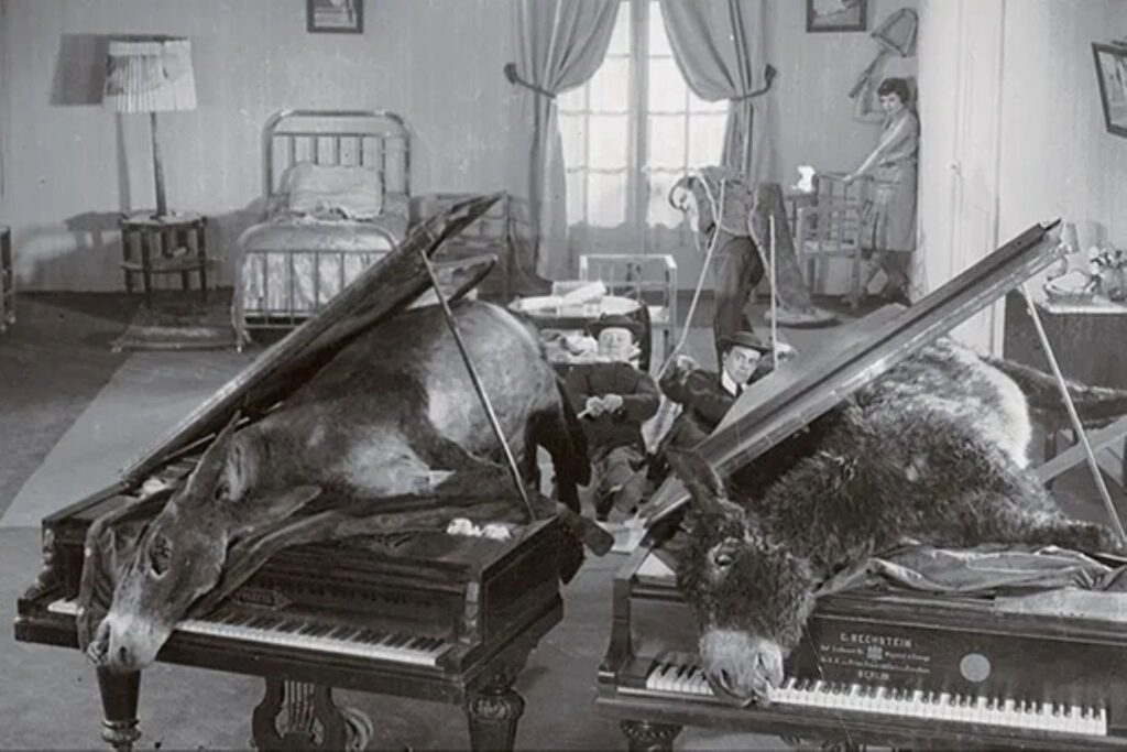 Død hest og æsel på et klaver inde i et værelse. Fra kortfilmen Den Andalusiske hund instrueret af Luis Buñuel og Salvador Dali.